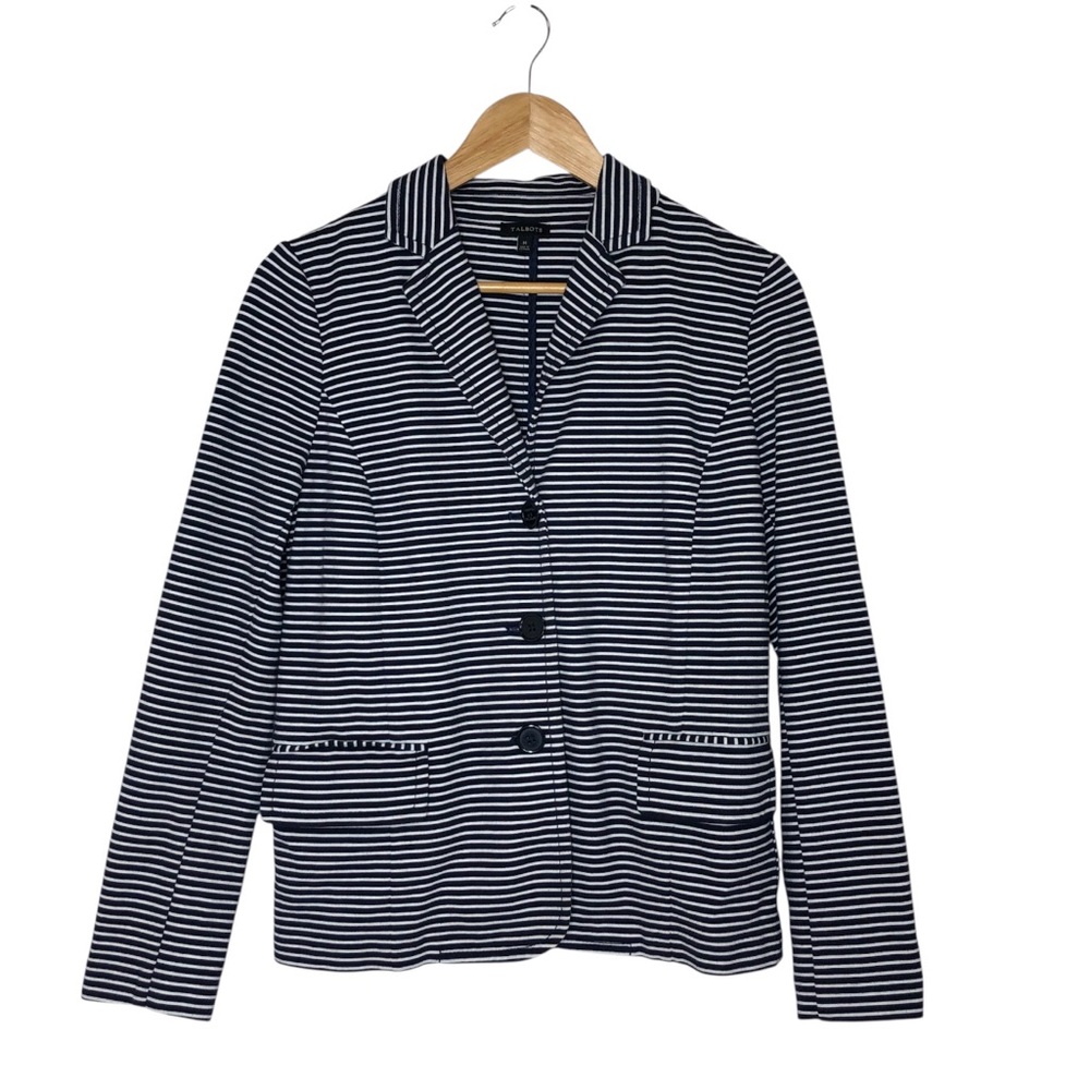 Talbots Cotton Blend Navy White Striped 3 Buttons Blazer with Notched Lapel M